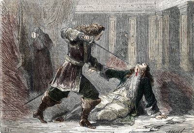 اغتيال ماركيز جيانرينالدو مونالديتشي ، عاشق ملكة السويد كريستينا (1626-1689) في قلعة فونتينبلو بواسطة المدرسة الفرنسية