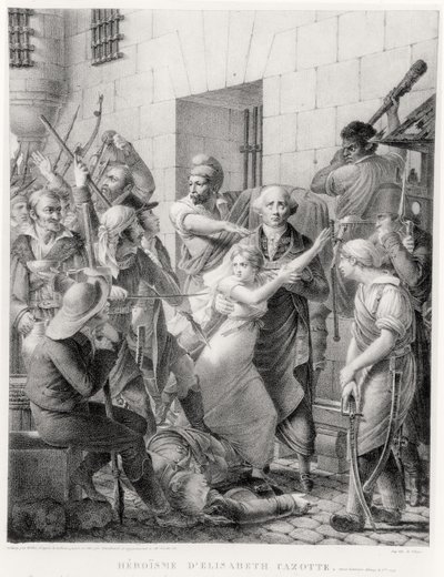 The bravery of Elisabeth Cazotte protecting her father from the mob (engraving) بواسطة المدرسة الفرنسية