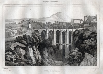 يحتوي الجسر على أروقة مزدوجة - CIVITA CASTELLANA - مقاطعة فيتربو - إيطاليا - نقش من "" إيطاليا الخلابة "- الرسم التاريخي والوصف لإيطاليا" "بواسطة M. de Norvins ، الفصل. نودير 1834-1836. بواسطة المدرسة الفرنسية