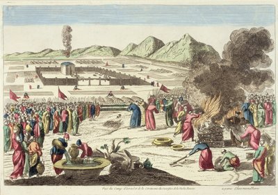 معسكر بني اسرائيل وتضحية البقرة الحمراء (نقش ملون) بواسطة المدرسة الفرنسية