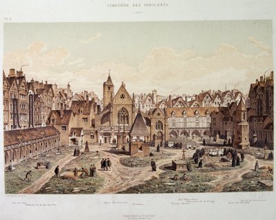 The church and cemetery of the Innocents in 1550 - in “Paris a travers les ages””, late 19th century. بواسطة المدرسة الفرنسية