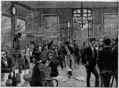 صبية القهوة في مؤسسة في شارع مونمارتر في باريس ، في "" العالم المصور "" 1886. بواسطة المدرسة الفرنسية