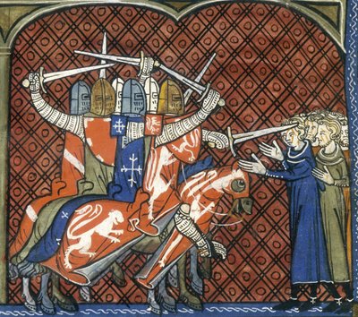 الحملة الصليبية ضد الألبيجينسيز ، 1325-c1350. يهاجم الجنود على ظهور الخيل ويحملون السيوف مجموعة من الألبيجنس. دعا البابا إنوسنت الثالث إلى حرب مقدسة ضد المسيحيين الألبيجينيين ، حيث كان يخشى انتشار معتقداتهم. في عام 1209 أمر ب بواسطة المدرسة الفرنسية