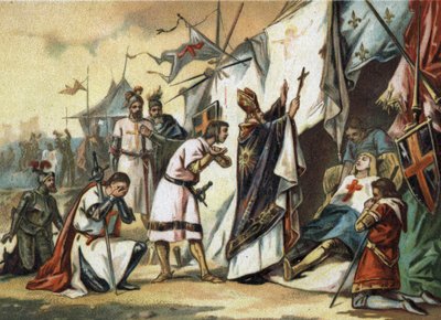 وفاة القديس لويس التاسع (1214 / 1215-1270) في تونس. الطباعة الحجرية الملونة في أواخر القرن التاسع عشر بواسطة المدرسة الفرنسية