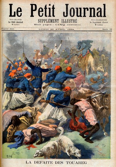 هزيمة الطوارق. القوات الاستعمارية الفرنسية بقيادة المقدم جوزيف جوفر (1852-1931) - هزيمة الطوارق. رسم توضيحي لمجلة Le Petit Journal ، 30 أبريل 1894 (نقش) بواسطة المدرسة الفرنسية
