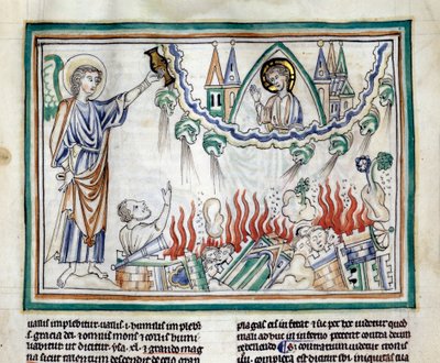 The destruction of Babylon Miniature taken from “The Apocalypse of Cambrai”” enluminated by the French School of the 13th century. Ms. 422. Municipal Library, Cambrai بواسطة المدرسة الفرنسية