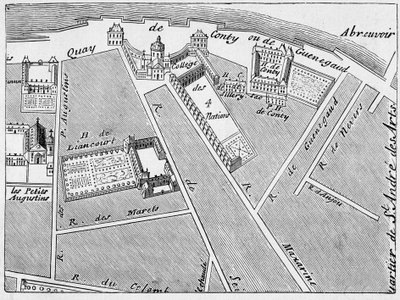 منطقة College des Quatre Nations (Four Nations) وفندق Conti-Fac-Simile في مخطط J. de la Caille بواسطة المدرسة الفرنسية