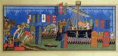 إنطلاق فرسان الروح القدس للحروب الصليبية ، بعد مصغر في مخطوطات Statuts de lordre du Saint-Esprit de Naples في متحف اللوفر ، محفورة بواسطة Felix Regamey (1844-1907) بواسطة المدرسة الفرنسية