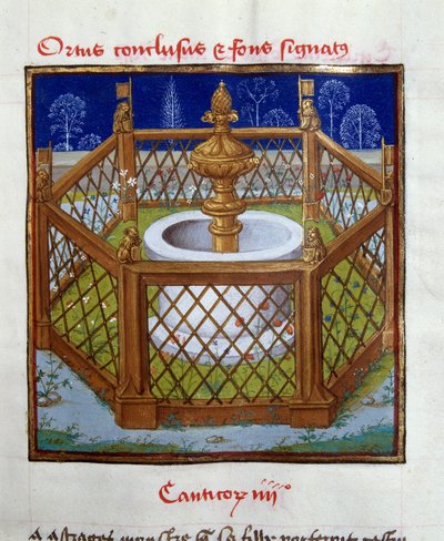 الحديقة المغلقة ونافورة الختم المصغرة من Master of Dreux-Bude (Dreux Bude) (Andre d'Ypres) (1428-1450) من "Speculum humanae salvationis" (مرآة الخلاص). شانتيلي ، متحف كوندي بواسطة المدرسة الفرنسية