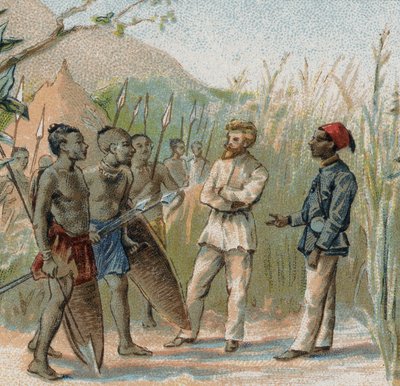 المستكشف بول كرامبل (1864 - 1891) برلماني مع سكان الكونغو الأصليين. الطباعة الحجرية الملونة في القرن التاسع عشر. بواسطة المدرسة الفرنسية