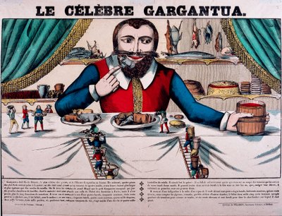 شخصية Gargantua الشهيرة في روايات فرانسوا رابليه (1494-1553) ، الكاتب الفرنسي. يحتوي Gargantua على مظلة كبيرة وفيه جميع أنواع الأطباق. تصوير إبينال من القرن التاسع عشر - بواسطة المدرسة الفرنسية