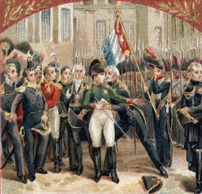 في وداع نابليون بونابرت (1769-1821) كان الحرس الإمبراطوري في ساحة شوفال بلان في قلعة فونتينبلو في 20/04/1814. الطباعة الحجرية الملونة في أواخر القرن التاسع عشر بواسطة المدرسة الفرنسية