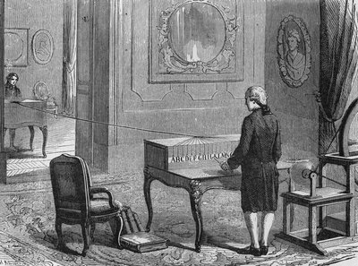 أول تلغراف كهربائي (جهاز جورج ليساج) ، جنيف 1760. في "Album de la Science" ، Éditions Jouvet بواسطة المدرسة الفرنسية