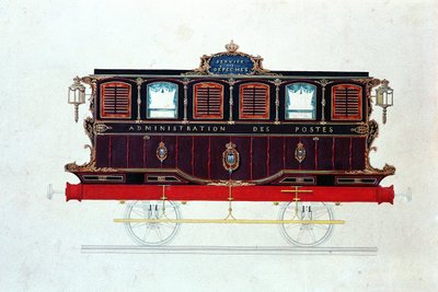 أول عربة بريد في فرنسا ، c.1830-48 (قلم وحبر ومرحاض على ورق) بواسطة المدرسة الفرنسية