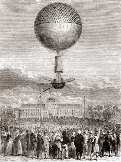 أول رحلة طيران ناجحة قام بها جان بيير فرانسوا بلانشارد في 2 مارس 1784 ، في منطاد غاز الهيدروجين تم إطلاقه من Champ de Mars ، باريس ، فرنسا ، من Les Merveilles de la Science ، تم نشره عام 1870 (نقش) بواسطة المدرسة الفرنسية