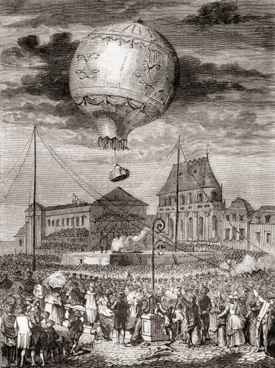 The flight of the Aérostat Réveillon on 19th of September 1783 by the Montgolfier brothers at Versailles, France, before King Louis XVI of France and Queen Marie Antoinette, from Les Merveilles de la Science, published c.1870 (engraving) بواسطة المدرسة الفرنسية
