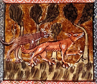 الثعلب والذئب ، إضاءة من مخطوطة بعنوان Roman de Renart (رواية الثعلب) ، القرن الثالث عشر بواسطة المدرسة الفرنسية