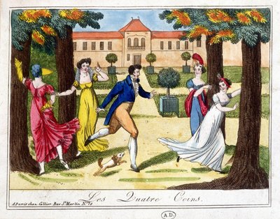 The game of the four corners. Engraving early 19th century. بواسطة المدرسة الفرنسية