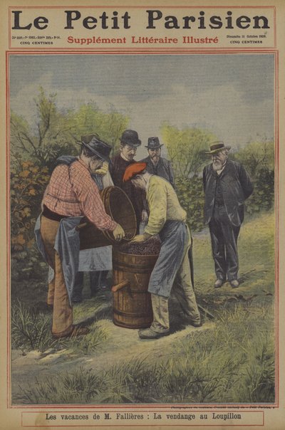 The holidays of President Fallieres of France: the grape harvest at his home in the village of Loupillon (colour litho) بواسطة المدرسة الفرنسية