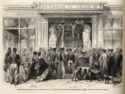 افتتح متجر جزار الخيول في Barriere de Fontainebleau (باريس) في عام 1866 - بوتشيري شيفالين - Boucherie Meat de Cheval Boulevard Italie بالقرب من Barriere de Fontainebleau 1866) نقش في "Le monde illustrious" de 1866 بواسطة المدرسة الفرنسية