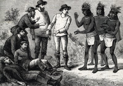 سكان بيرو يساعدون الأوروبيين المستعمرين الذين يعانون من الملاريا بالكينا (نقش) 1888 بواسطة المدرسة الفرنسية