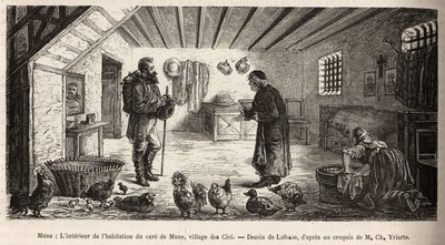 الجزء الداخلي من منزل شفاء منى ، قرية ليسسي ، الذي يستضيف الراوي في الغرفة الرئيسية ، حيث تقوم امرأة بغسل الملابس على ركبتيها ، بجانب الدواجن التي تعيش هناك بحرية كاملة ، نقش بعد رسم بواسطة Lafosse Illustratin بواسطة المدرسة الفرنسية
