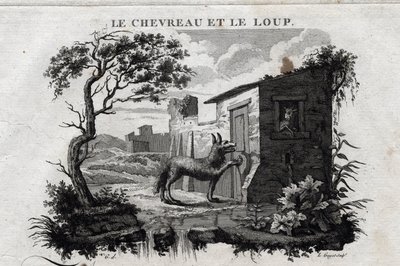 الطفل والذئب. حكاية Esope. (الكاتب اليوناني Esopo أو Ecopus ، القرن السادس قبل الميلاد) كتبه Guillaume Montfort and Gravees بواسطة Beauble في عام 1801. بواسطة المدرسة الفرنسية