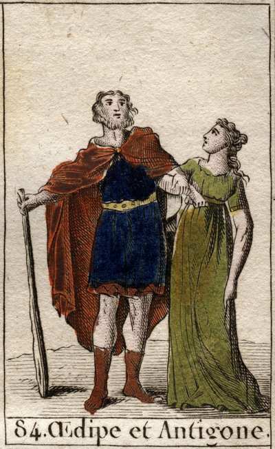 ملك طيبة أوديب مع ابنته أنتيجون من "Mythologie de la jeunesse" بقلم بيير بلانشارد 1803. بواسطة المدرسة الفرنسية