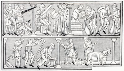 أعمال الحرب والعلوم والتجارة والزراعة ، بعد مصغر في مزمور من القرن الثالث عشر ، من Les Arts au Moyen Age ، تم نشره عام 1873 بواسطة المدرسة الفرنسية