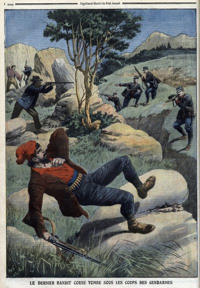يقع آخر قطاع طرق كورسيكي تحت ضربات رجال الدرك: "Le Petit Journal" بتاريخ 5 ديسمبر 1909 (نقش) بواسطة المدرسة الفرنسية