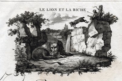 الأسد والغزال. حكاية Esope. (الكاتب اليوناني Esopo أو Ecopus ، القرن السادس قبل الميلاد) كتبه Guillaume Montfort and Gravees بواسطة Beauble في عام 1801. بواسطة المدرسة الفرنسية