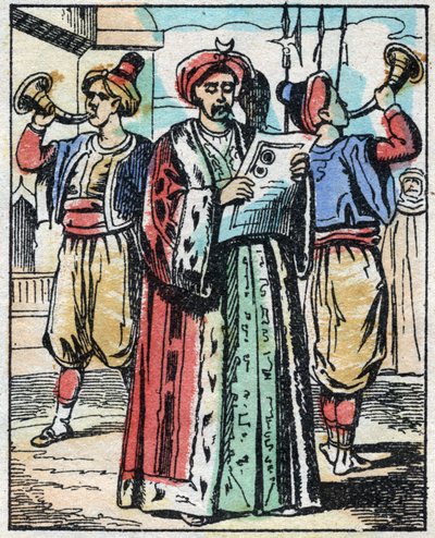 قرّاء يعلن زواج ابنة السلطان من ابن الوزير الأعظم. نقش حكاية ألف ليلة وليلة "" علاء الدين والمصباح الرائع ". تصوير إبينال ، أواخر القرن التاسع عشر. مجموعة خاصة. بواسطة المدرسة الفرنسية