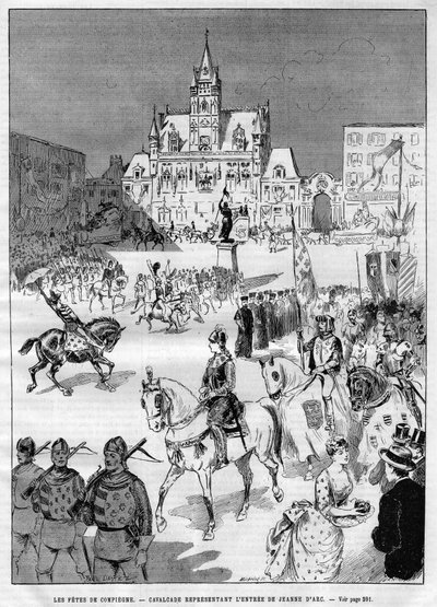 أعياد كومبين في القرون الوسطى عام 1886: موكب يمثل مدخل جان دارك (1412-1431). نقش في "" Le Monde Illustré "" بواسطة المدرسة الفرنسية