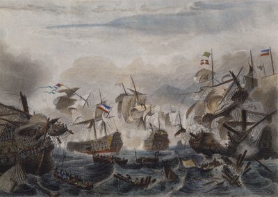 المعركة البحرية في كيب لا هوغ عام 1692 ، محفورة بواسطة تشافان (النقش الملون) بواسطة المدرسة الفرنسية