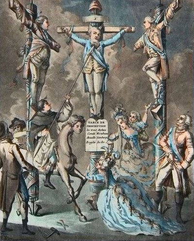 الجلجثة الجديدة ، لويس السادس عشر ، وضعها على الصليب من خلال الثورات - 2. و 3. السيد (لويس ستانيسلاس كزافييه ، كونت بروفانس (1755-1824) ، لويس الثامن عشر) وكونت أرتوا (تشارلز فيليب (1757-1836) تشارلز X) ، إخوة الملك ، متكئًا على المراسيم س بواسطة المدرسة الفرنسية
