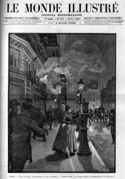 أجهزة إنذار الحريق الجديدة في باريس عام 1888. غلاف "العالم المصور" لعام 1888. بواسطة المدرسة الفرنسية