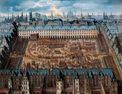 رواية فرسان المجد أو الكاروسيل الكبير في الساحة الملكية في أبريل 1612 بمناسبة زفاف لويس الثالث عشر (1601-1643) وآن النمسا - لوحة مجهولة. 1612 زيت على خشب الشمس. 0،41x0،52 م باريس ، متحف كارنافالي - جراند كارو بواسطة المدرسة الفرنسية