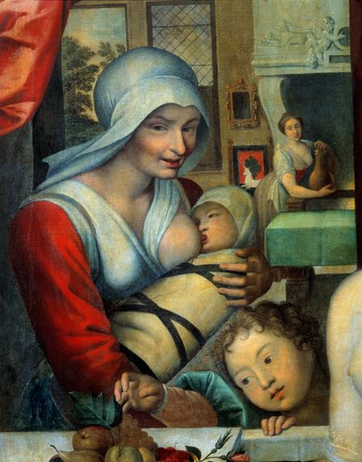 الممرضة مع الطفل تفاصيل "غابرييل ديستري في الحمام". أرضعت الخادمة سيزار الصغير (1594-1665) ، دوق فاندوم ، ابن غابرييل ديستريس (1573-1599) والملك هنري الرابع. رسم المدرسة الفرنسية. القرن السادس عشر أو السابع عشر. 1،15 ضعفًا بواسطة المدرسة الفرنسية