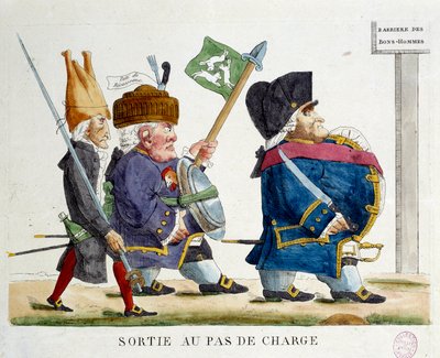 The output at the charge step. Cartoon showing men crossing the barrier of the good men under the Restoration (1823). Engraving from 1823. Paris, Musee Carnavalet بواسطة المدرسة الفرنسية