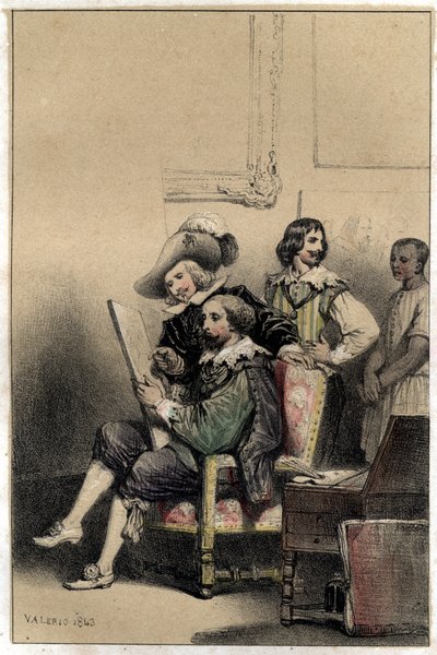 رحب الرسام دييجو فيلاسكيز (1599-1660) في مرسمه بيير بول (بيير بول) روبنز (أو بيتر بول أو بيتروس بولوس) (1577-1640). لوحة مأخوذة من نقش "" Scenes de la vie des hommes الشهيرة "" بدرجتين من Valerio. 1843. بواسطة المدرسة الفرنسية