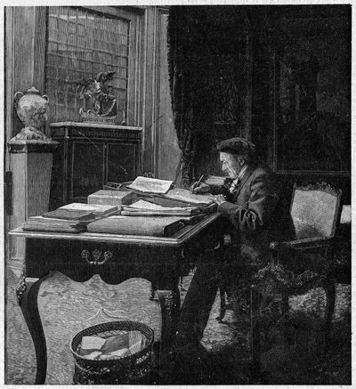 الكاتب المسرحي فيكتوريان ساردو (1831-1908) في مكتبه. نقش في "La gazette du dimanche" في 2 يناير بواسطة المدرسة الفرنسية