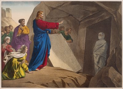 نشأة لعازر ، رسم توضيحي من التعليم المسيحي Listoire Sainte ، نشره Charles Delagrave ، باريس ، أواخر القرن التاسع عشر بواسطة المدرسة الفرنسية