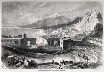 The ruins of the ancient theatre of Taormina (Tauromenium), at the foot of Mount Taurus, overlooking the modern village of Giardini and the Etna, drawing by Adolphe Rouargue (1810-187?) and Emile Rouargue (ca1795-1865) to illustrate Felix Bourquelot