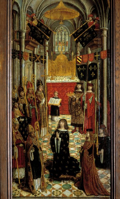 مقدس لويس الثاني عشر (1462-1515) في كاتدرائية ريمس في 27 مايو 1498 رسم على خشب المدرسة الفرنسية في القرن السادس عشر. 1501. خافت. 1،95x0،5 م. باريس ، المتحف الوطني للعصور الوسطى ، Thermes de Cluny بواسطة المدرسة الفرنسية