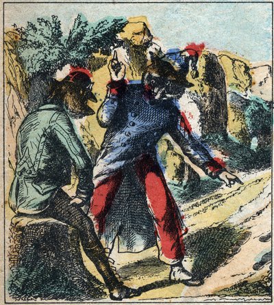 الأسد المريض والثعلب. أساطير جان دي لافونتين (1621-95). تصوير إبينال من نهاية القرن التاسع عشر. بواسطة المدرسة الفرنسية