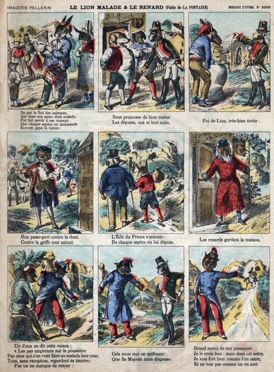الأسد المريض والثعلب. أساطير جان دي لافونتين (1621-95). تصوير إبينال من نهاية القرن التاسع عشر. بواسطة المدرسة الفرنسية