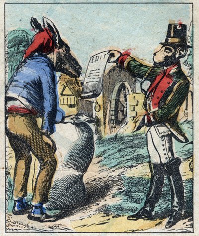 الأسد المريض والثعلب. أساطير جان دي لافونتين (1621-95). تصوير إبينال من نهاية القرن التاسع عشر. بواسطة المدرسة الفرنسية