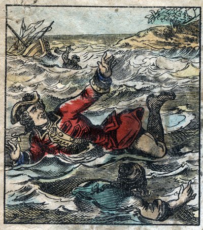 غرق ليمويل جاليفر. رسم توضيحي لـ "" رحلات جاليفر "" لجوناثان سويفت (1667-1745). تصوير إبينال أواخر القرن التاسع عشر. بواسطة المدرسة الفرنسية