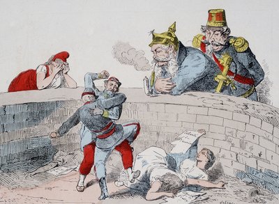 الوضع - غواليوم: يجب أن نساعد المجانين ، بادينغو (نابليون الثالث): دعهم يفعلوا أخي ، لقد حان الوقت للتدخل عندما يلتهم (الباريسيون) أنفسهم. كارتون عن الكومونة. بواسطة المدرسة الفرنسية