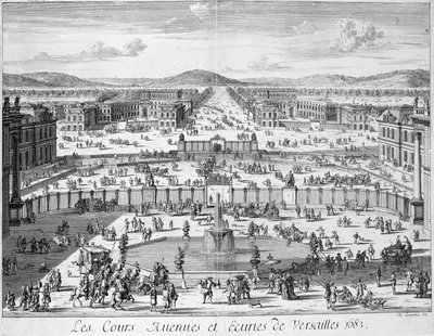 اسطبلات وبوابات فرساي ينظر إليها من القصر ، 1683 بواسطة المدرسة الفرنسية
